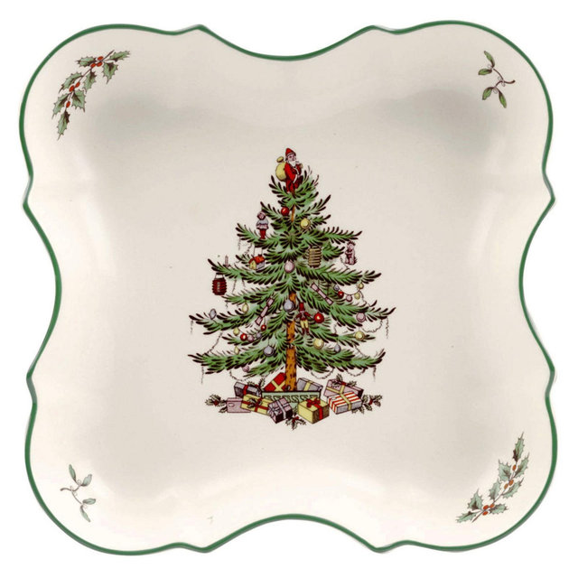Spode Christmas Tree Devonia Tray - 8.5 Inch Festive Serving Bowl in Fine Earthenware for Salad, Pasta, Fruit - Microwave, Dishwasher, Oven Safe