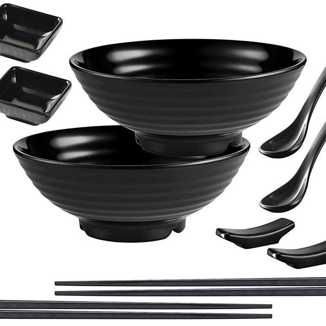 Unbreakable Ramen Bowl Set with Chopsticks and Spoon: 2 large Japanese Style Melamine Ramen Bowls, Dipping Bowls and Chopstick Stands for Asian Pho Soup Thai Miso Udon Wonton (2 Bowl Set, Black)