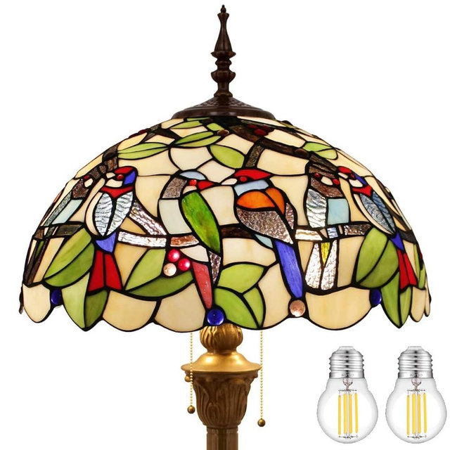 WERFACTORY Tiffany Floor Lamp Double Birds Amber Stained Glass Standing Reading Light 16X16X64 Inches Antique Pole Corner Lamp Decor Bedroom Living Room Home Office S805 Series