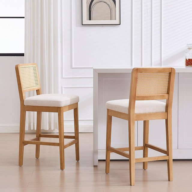 Wahson Counter Height Bar Stools Set of 2, Farmhouse Rattan Bar Stool with Back, Upholstered Wooden Barstools Mid Century Modern Breakfast Bar Chairs for Kitchen Island, Chenille Beige