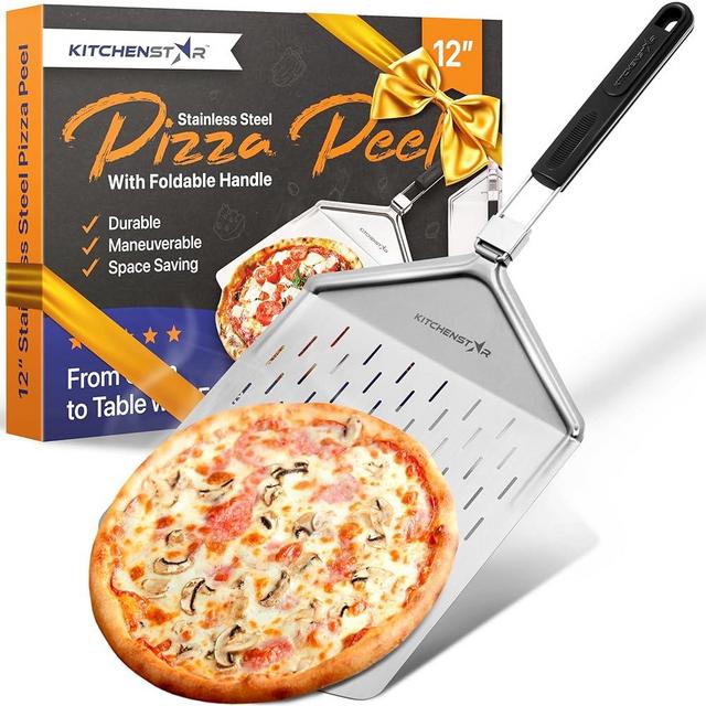 12" Perforated Pizza Peel with Long Folding Handle - Stainless Steel Spatula Paddle for Effortless Pizza Transfer & Easy Storrage - Outdoor Pizza Oven Accessories