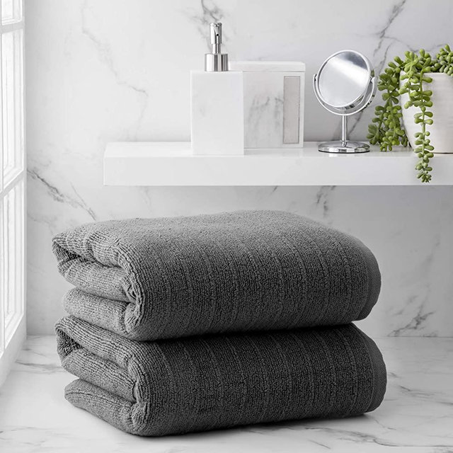 Welhome James 100% Cotton 2 Piece Bath Sheets | Charcoal Grey | Stripe Textured | Supersoft & Durable | Highly Absorbent & Quick Dry | Ideal for Everyday Use | 450 GSM | Machine Washable