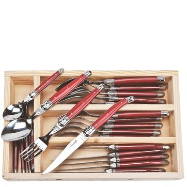 Jean Dubost 24 Pc Everyday Flatware Set with Red Handles in a tray