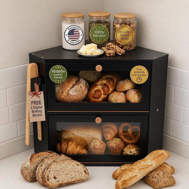 Corner Bread Box for Kitchen Countertop – Bamboo Bread Box with Airtight Design, Dual Divided Compartments, Magnetic Closures, Non-Slip Feet, Clear Windows, Tongs & 2 Free Baking Books -Black