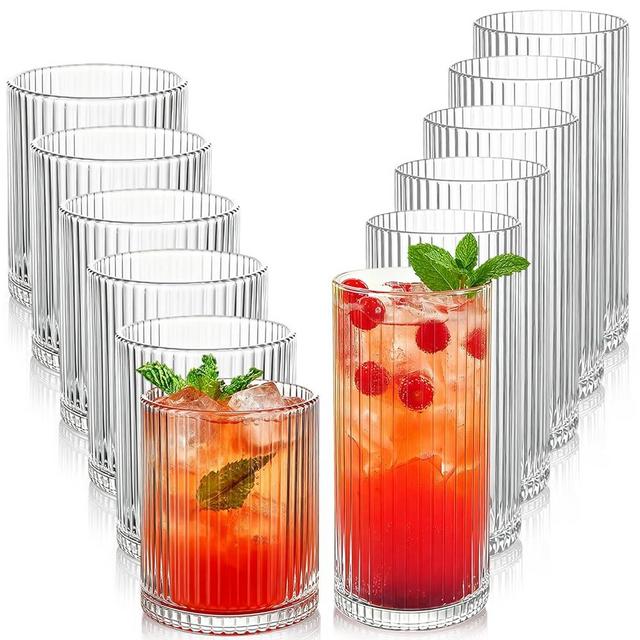Lumkit Ribbed Drinking Glasses 12pcs, 12oz and 10oz Glassware, Tumbler Glasses Cup Set for Wedding, Party, Christmas Gift, Clear