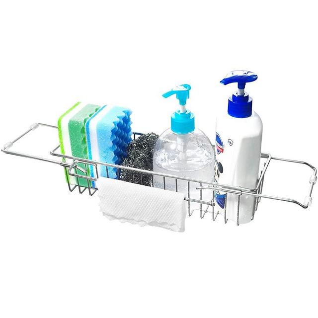 Telescopic Sink Storage Rack, Stainless Steel Kitchen Sink Caddy with Towel Drying Rack, Sink Basket with Dishcloth Hanger, Soap and Sponge Holder Organizer, Collapsible Sink Caddy Drainer(Silver)
