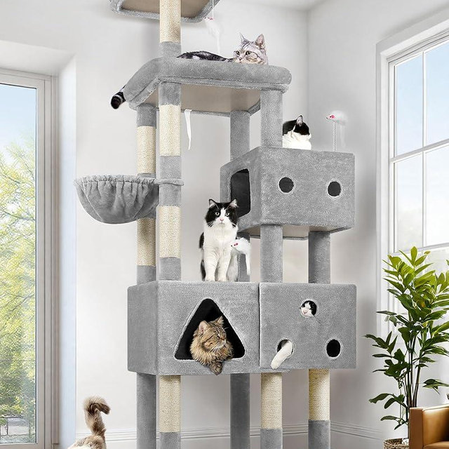 Globlazer Extra Large Cat Tower, 81-inch Tall Cat Tree for Big Cats 20 lbs, XXL Heavy Duty Cat Scratching Tower for Indoor Adult Cats with 3 Cat Condos, 8 Scratching Posts, F81, Light Grey