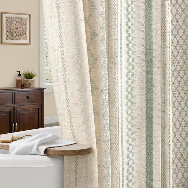 NDDYCU Sage Green Boho Shower Curtain for Bathroom, Linen Striped Print and Twine-Inspired Woven Center,72" W x 72" L