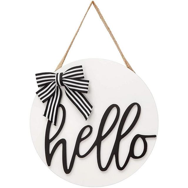 Dahey Hello Sign Rustic Front Door Decor Round Wood Hanging Sign Farmhouse Porch Decorations for Home, White