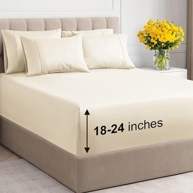 Extra Deep Cal King Sheet Set - 6 Piece Breathable & Cooling Sheets - Hotel Luxury Bedding Set w/18-24 Inch Extra Deep Pockets - Easy Fit - Super Soft, Wrinkle Free & Comfy - Off White, Cal King Size