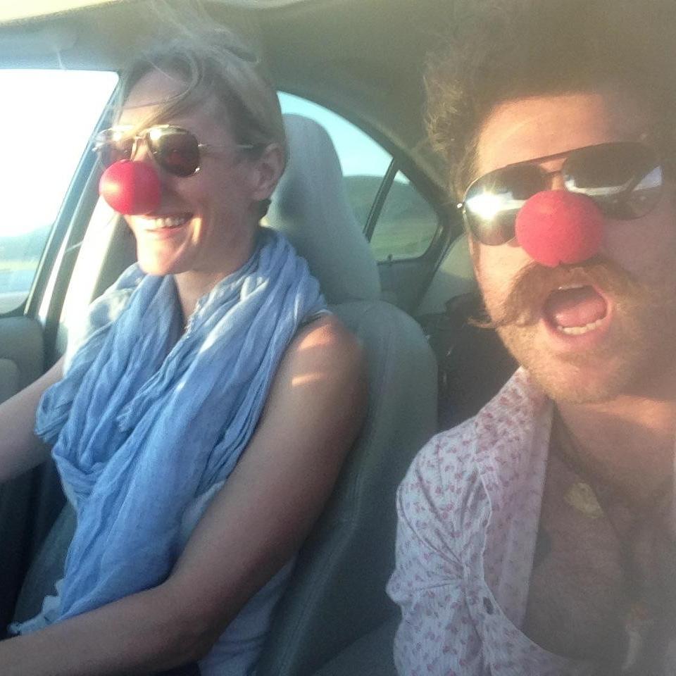Our "third date," driving cross-country.  With clown noses, naturally.