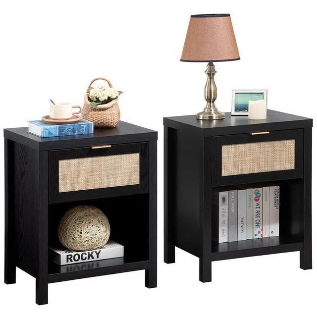 SICOTAS Rattan Night Stands Set of 2, Farmhouse Nightstand Bedside Table with Drawer and Storage Shelf, Boho End Side Table Accent Table for Bedroom, Black and Wood