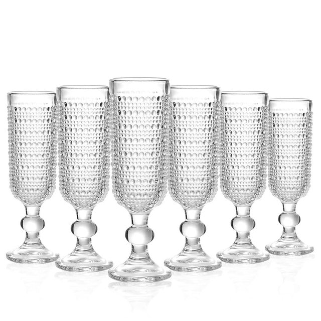 GOROGILE 6 PCS Vintage Champagne Flutes, 5 oz Clear Goblet Champagne Glasses, Hobnail Drinking Glasses Ideal for Party Wedding Toasting Drinking Champagnes, New Years Eve Party Supplies