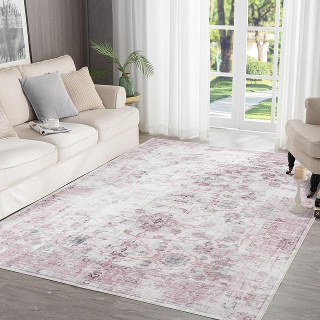 Syalife Washable Rug Vintage Area Rugs, 5'x 7' Living Room Rug with Non Slip Backing, Distressed Indoor Carpet Non-Shedding Pink Rug, Vintage Floor Mat Indoor Rug (Pink/Multi, 5'x 7')
