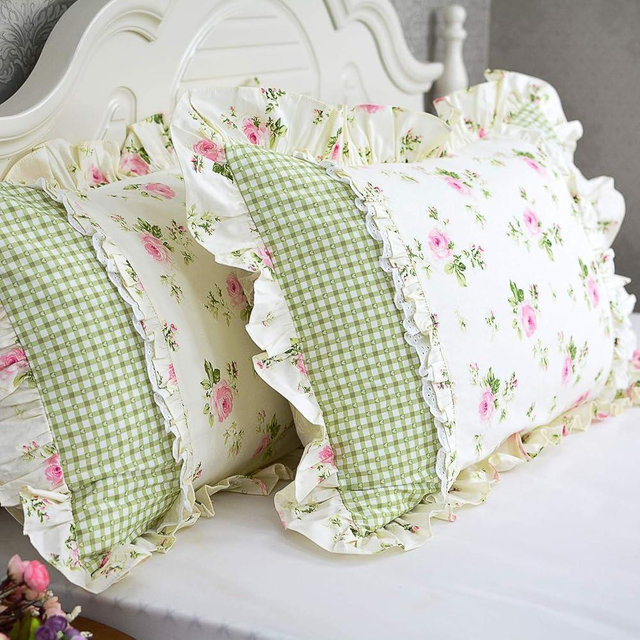 FADFAY Farmhouse Style Pillowcases Pink Rosetta Printed Gold with Green Plaid Elegant Country Style 100% Cotton Vintage Lace Ruffles Bedding Pillow Covers Exquisite Craft Standared Size 19" x 29"