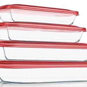 KOMUEE 8 Pieces Glass Baking Dish with Lids Rectangular Glass Baking Pan Bakeware Set with BPA Free Lids, Baking Pans for Lasagna, Leftovers, Cooking, Kitchen, Fridge-to-Oven, Red