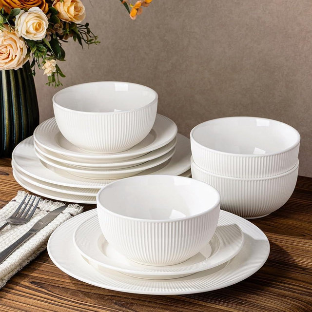 TheTerra Stoneware Dinnerware Sets for 4, 12 Pieces Ceramic Plates and Bowls Sets, Scratch Resistant Embossed Dish Set, Oven, Microwave & Dishwasher Safe, Bright White