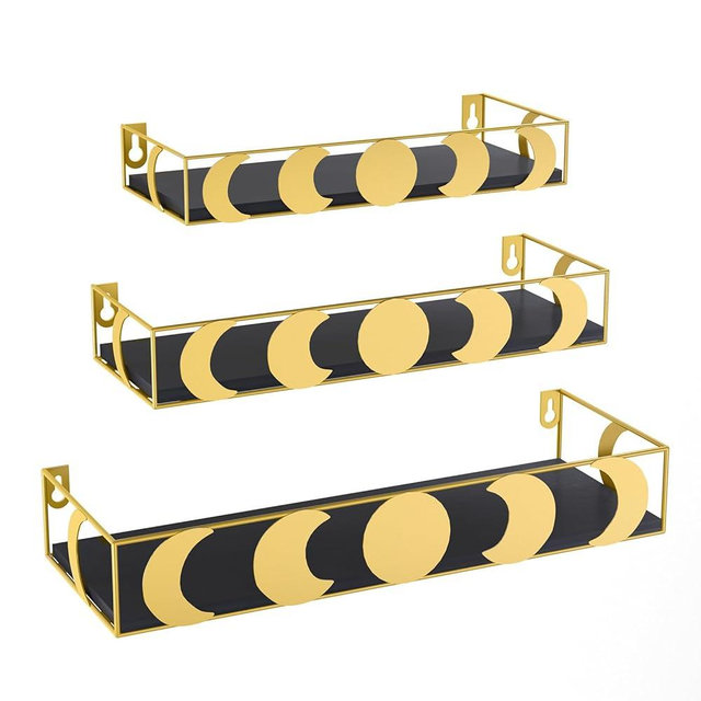 PHAREGE Gold and Black Floating Wall Shelves, Moon Phase Decorative Small Shelves for Bedroom Kid Room, Display Shelf for Crystal Collectibles Figurine, 3 Pack