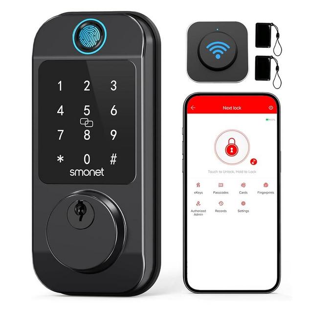 Smart Locks WiFi Deadbolt: SMONET Fingerprint Front Door Lock Keyless Entry with Keypad Electronic Digital Deadbolt Alexa Gateway Remote Control, Bluetooth APP KeyFob Code Auto-Lock for Home, Black