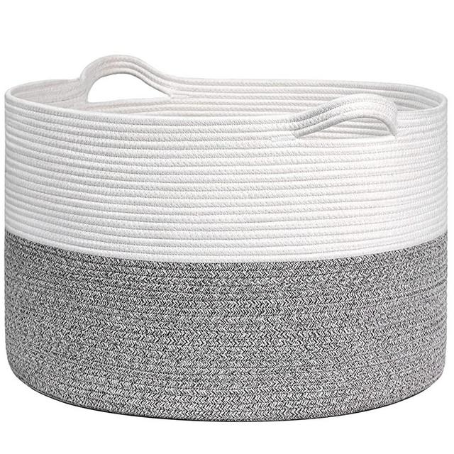 INDRESSME Large Storage Basket, 21.7'' x 13.8'' Cotton Rope Blanket Basket Living Room, Toy Organizers and Storage with Handles for Kids, Laundry Basket for Clothes, Towel, 90L Grey