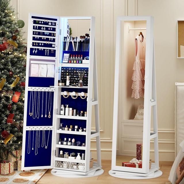 HWB White Mirror Jewelry Cabinet with Storage, Full-Length Mirror w/360° Swivel & LED Lights, Lockable Jewelry Armoire with Rear Shelves, Standing Jewelry Organizer