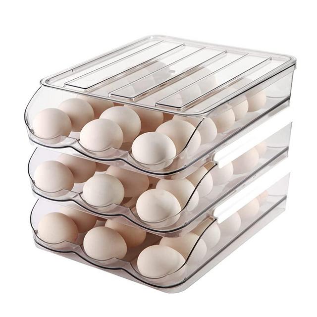 MesRosa Large Capacity Egg Holder for Refrigerator, Automatically Rolling Egg Storage Container for Refrigerator,Egg Organizer for Fridge with Lid,Clear Plastic Egg Dispenser,Egg Tray & Box -3 Layer