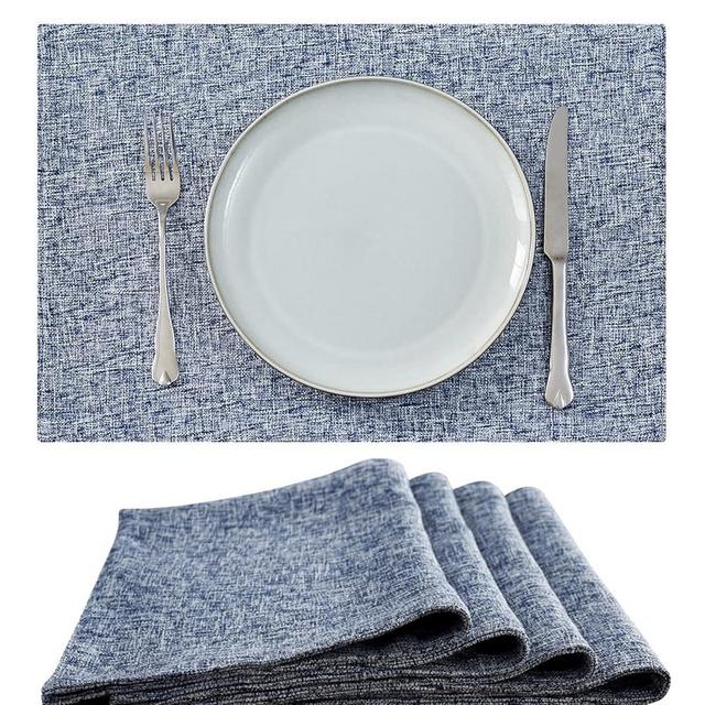 JINCHAN Cloth Placemats Set of 4 Faux Linen Place Mats Burlap Textured Fabric Sturdy Table Mats Farmhouse Placemats for Dining Table Double Layer Heat Resistant Tablemats 13x19 Inch Heathered Blue