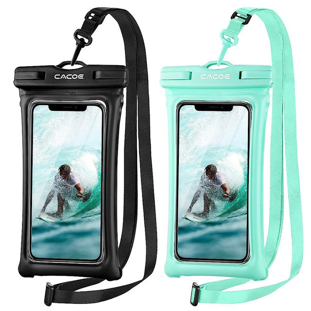 CACOE Floating Universal IPX8 Waterproof Phone case 2 Pack-Up to 7.0",Adjustable Neck Lanyard Phone Pouch,Phone Dry Bags for Vacation Beach Pool Swimming Kayak Cruise Travel Essentials（Black+Green）