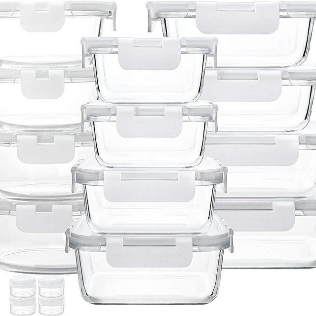 24-Piece White Glass Food Storage Containers with Upgraded Snap Locking Lids,Glass Meal Prep Containers Set - Airtight Lunch Containers, Microwave, Oven, Freezer and Dishwasher