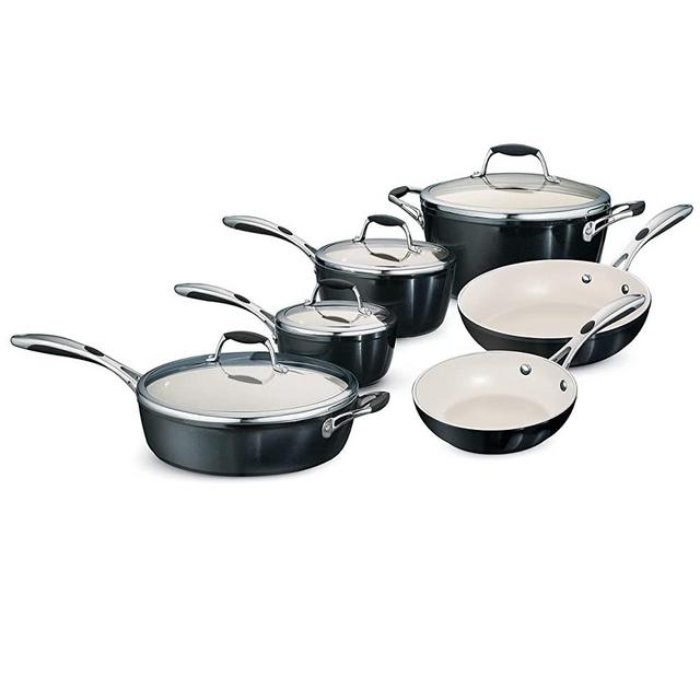 Tramontina 80110/525DS Gourmet Ceramica Deluxe Cookware Set, PFOA- PTFE- Lead and Cadmium-Free Ceramic Interior, 10-Piece, Metallic Black, Made in Italy