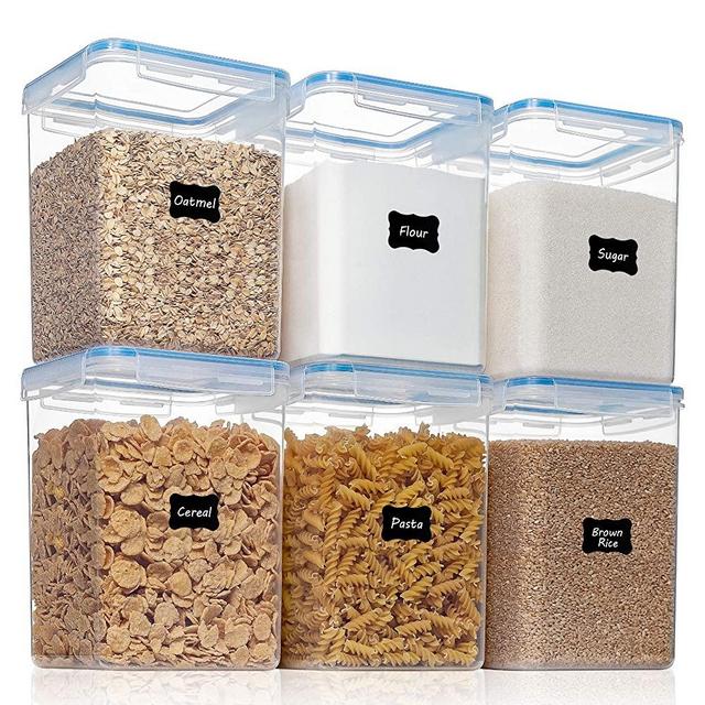 Large Airtight Food Storage Containers with Lids -HOOJO 6 Pcs (176oz/5.2L) Flour and Sugar Containers,BPA Free Plastic, Kitchen Pantry Organizers with Measuring Cups and Removable Labels,Blue