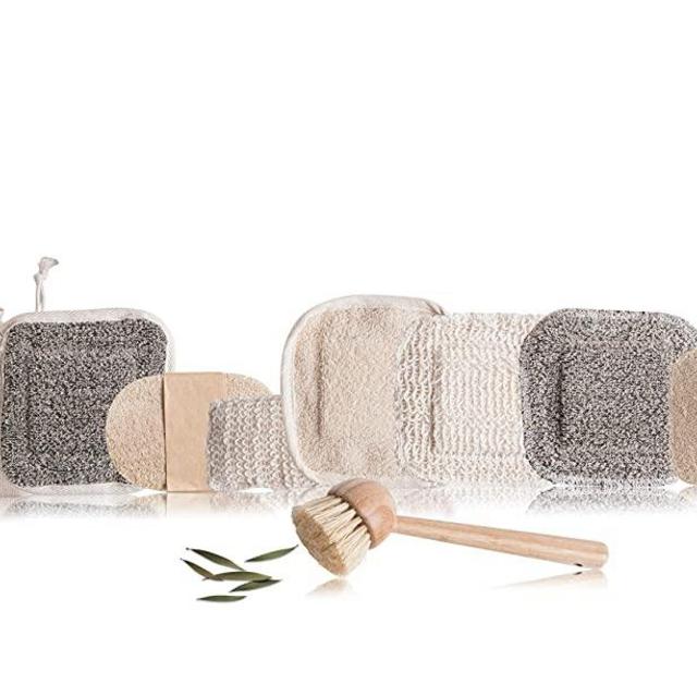 Set of 10 Hemp and Loofah Kitchen sponges, Bamboo and Bristle Dish Brush, eco Friendly scrubbers, Fruit and Vegetable scrubbers, and Hemp washcloth for exfoliating, Dead Skin and Makeup Removal