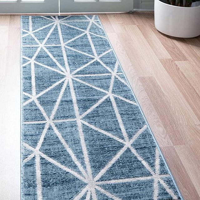 Rugs.com Lattice Trellis Collection Rug – 10 Ft Runner Blue Low-Pile Rug Perfect for Hallways, Entryways
