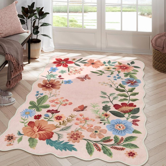 Lahome Floral Washable Rugs, 4X6 Pink Rugs for Bedroom Girls Ultra-Thin Soft Living Room Rugs, Non-Slip Stain Resistant Boho Rug Lightweight Low-Pile Throw Rug for ‎Nursery Office (4x6ft,Light Pink)