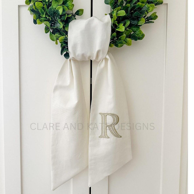 Monogram Wreath Sash, Wreath Sash For Front Door, Embroidered Front Door Bow, Initial Door Sash, Monogram Wreath Ribbon,Wreath Scarf