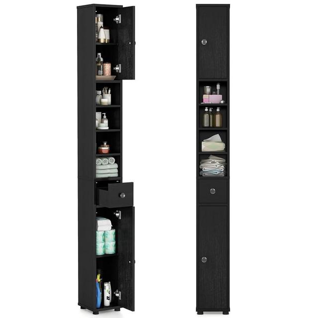 Tangkula Tall Slim Bathroom Storage Cabinet, 71" Freestanding Bathroom Cabinet w/ 2 Doors, 1 Drawer & 5 Adjustable Shelves, Floor Narrow Tower Cabinet for Small Spaces, 8" x 8" x 71" (Black)