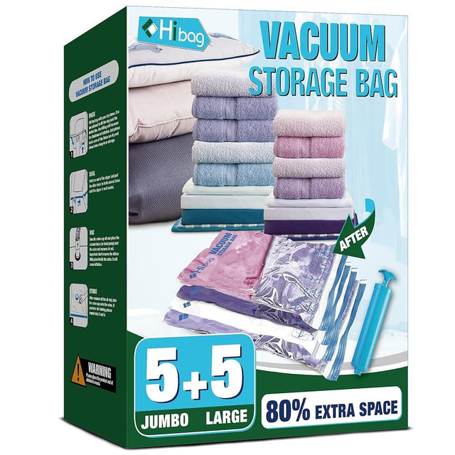 HIBAG Vacuum Storage Bags, 10 Space Saver Bags, Polyethylene (PE), Jumbo & Large Sizes, Zipper Closure, Vacuum Sealed, Ideal for Clothing & Bedding