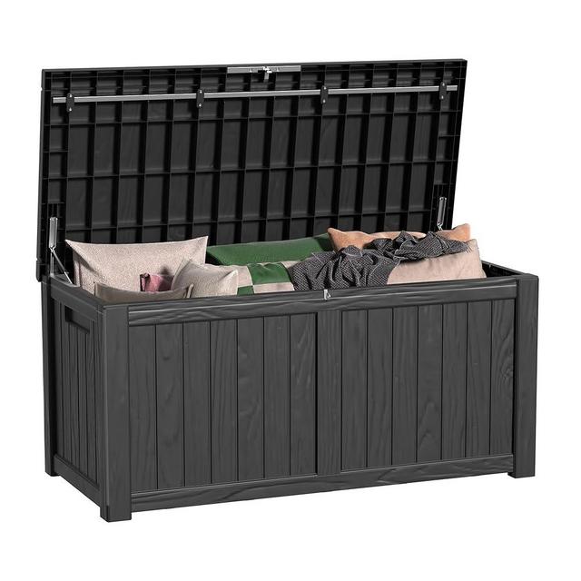 MAIUSCOLI 120 Gallon Outdoor Deck Box,Storage Lockable Waterproof Patio Furniture,Garden Tools,Cushions,Pool Accessories Outside Storage Resin Box(Black)
