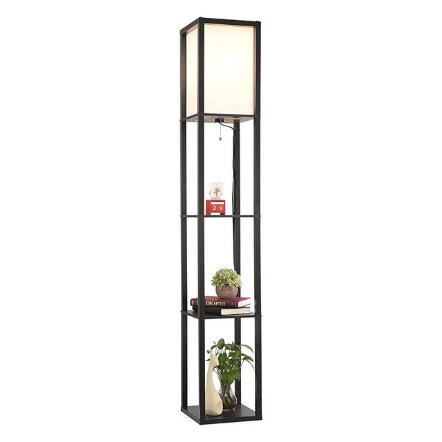 VONLUCE Floor Lamp with Shelves, Etagere Standing Lamp with 3 Storage Shelves and Fabric Shade for Living Room Bedroom Office Decor, 62" Tall Corner Shelf Lamp for Books Plants (Black)