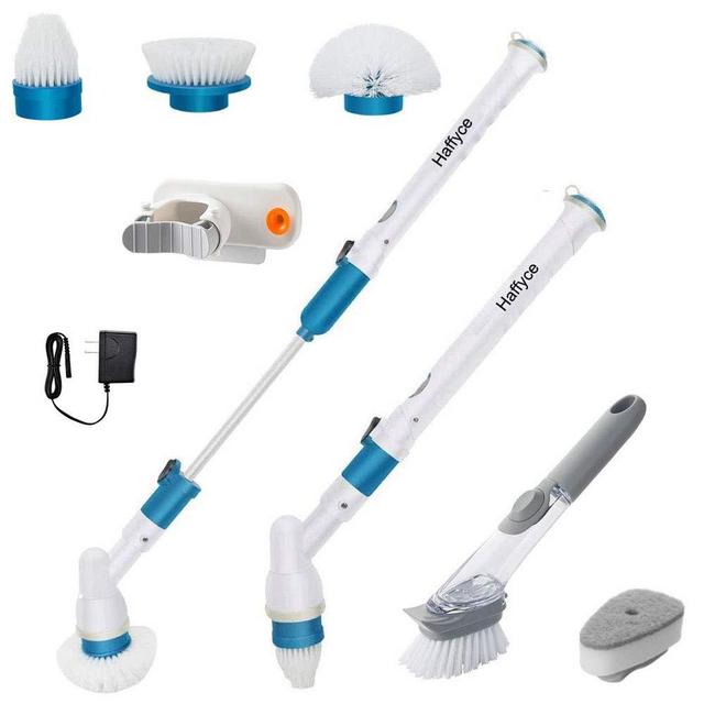 Haffyce Electric Spin Scrubber,Electric Cleaning Brush,Power Scrubber with Long Handle and Cordless,Shower Scrubber,Rechargeable Scrubber for Tile Floor Bathtub Bathroom Home and Kitchen(White)