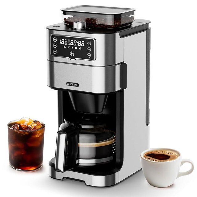 LumosBari Drip Coffee Maker with Built-in Grinder, 10-Cup Programmable Brew Coffee Machine with Timer, Touch Screen, Self-Cleaning, Reusable Filter, 1.5L Removable Water Tank, Warming Plate, Silver