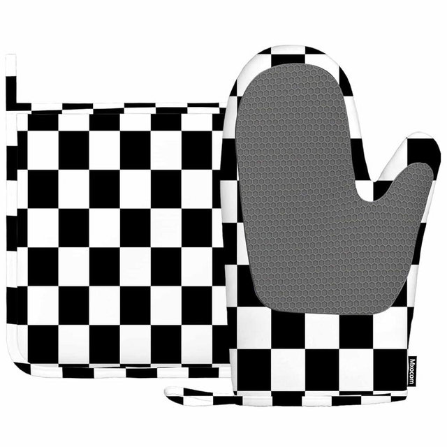 Mxocom Checkerboard Oven Mitt and Pot Holder with Silicone Black and White Geometric Checkered Plaid Pattern Heat Resistant Kitchen for Cooking BBQ Baking Grilling Spring/Summer