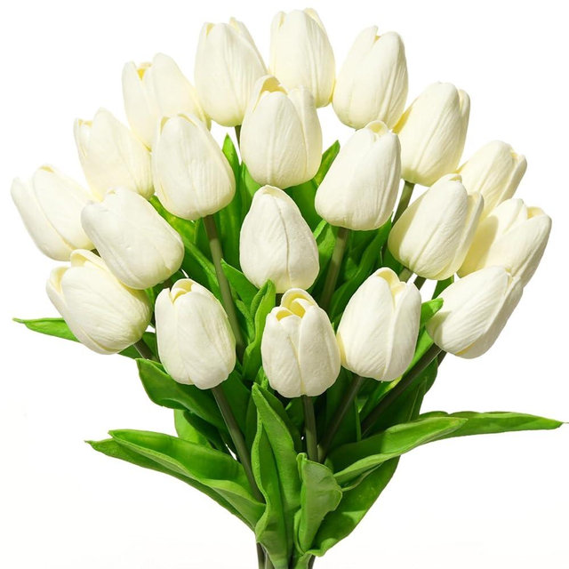 BLISOUL Real Touch Artificial Tulips, 20pcs Fake Tulip Flowers Stem, PU Faux Tulips 13.5” for Mother's Day, Home Decor, Wedding, Easter Valentine's Gift, Table Centerpieces, Floral Arrangements, Cream