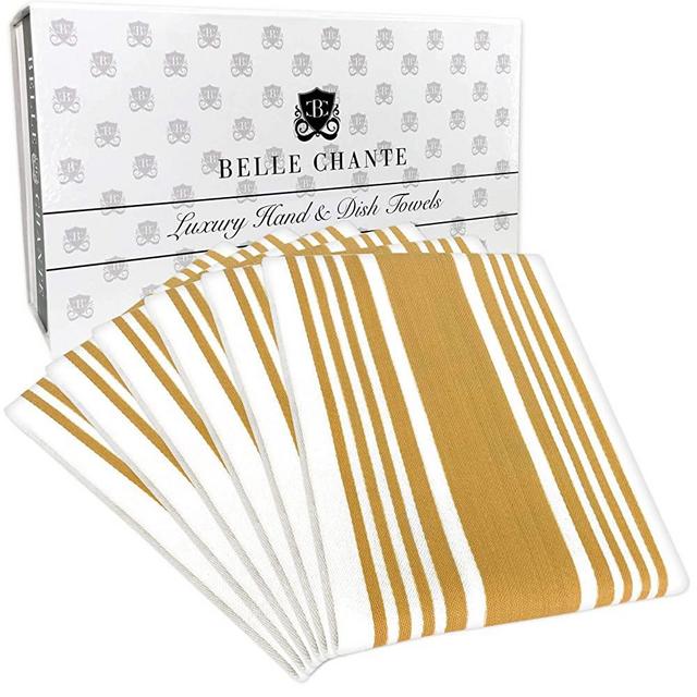BELLE CHANTE Luxury Hand and Kitchen Dish Towels Woven from 100% Responsibly-Farmed, Thick, Luxurious Cotton, Oversized 20 x 30 inches, One Half Dozen, Gold Stripe