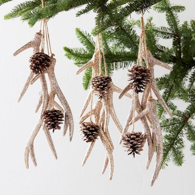 Glitter Antler Cluster Ornament, Brown, Set Of 3