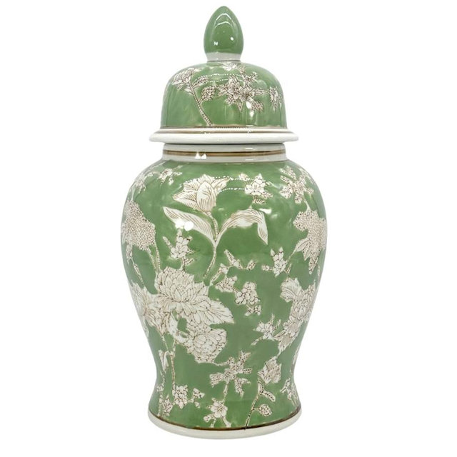 Galt International 14" Green & White Floral Ceramic Porcelain Ginger Jar Floral Home Décor Jar Urn Shape Vase