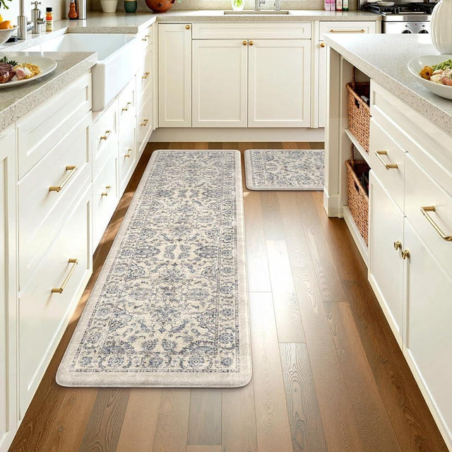 KIMODE Kitchen Floor Mats Cushioned Anti Fatigue,Boho Floral Rugs Sets of 2,Ergonomic Memory Foam Carpet Non Slip 20" x 71"+20" x 32", Wide Long Comfort Runner for Sink Laundry Office,Blue