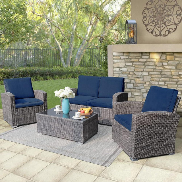 JOIVI Patio Furniture Set, 4 Piece Outdoor Patio Conversation Set, All-Weather PE Rattan Wicker Sectional Patio Sofa Set with Tempered Glass Coffee Table for Family Gatherings, Navy Blue