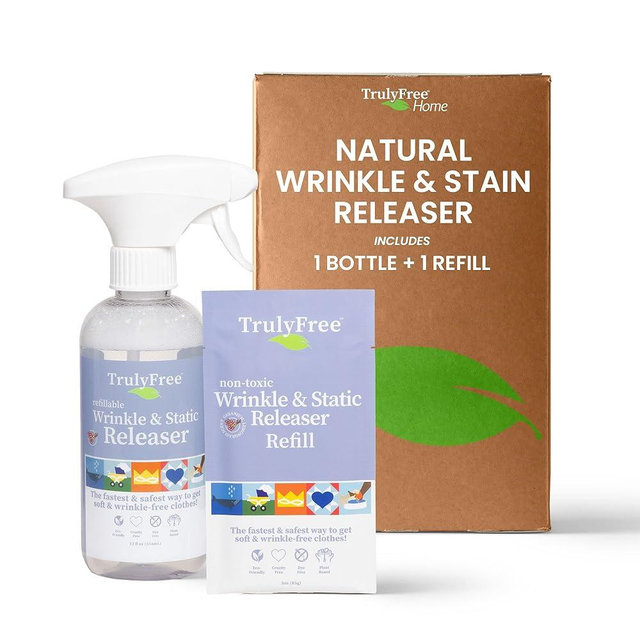 Truly Free Wrinkle & Static Releaser - Wrinkle Release for Clothes, Linen, & Sheet Fabrics - Static Guard Spray - Plant-Based - 1 Pouch 3oz Refill with 12oz Reusable Empty Spray Bottle