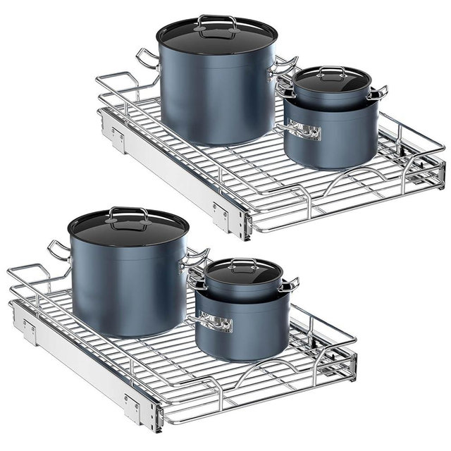 OCG Pull Out Cabinet Organizer 2 Pack (12" W x 21" D), Pull out Shelves 1 Tier, Cabinet Slide Out Shelves for Base Cabinet Organization in Kitchen Bathroom Pantry, Bottom Mount, Chrome Finish